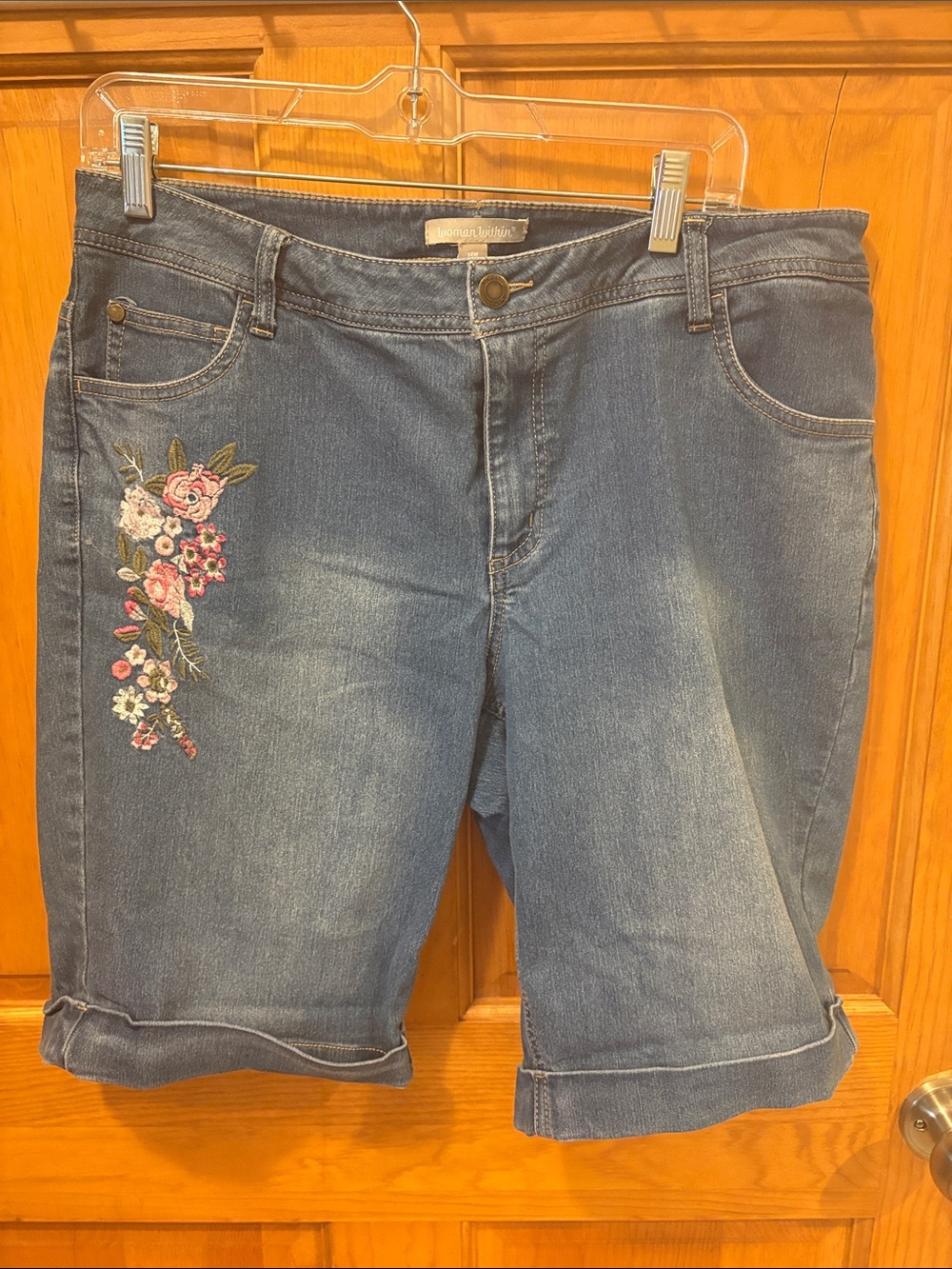 Woman Within Blue Embroidered Denim Bermuda Shorts